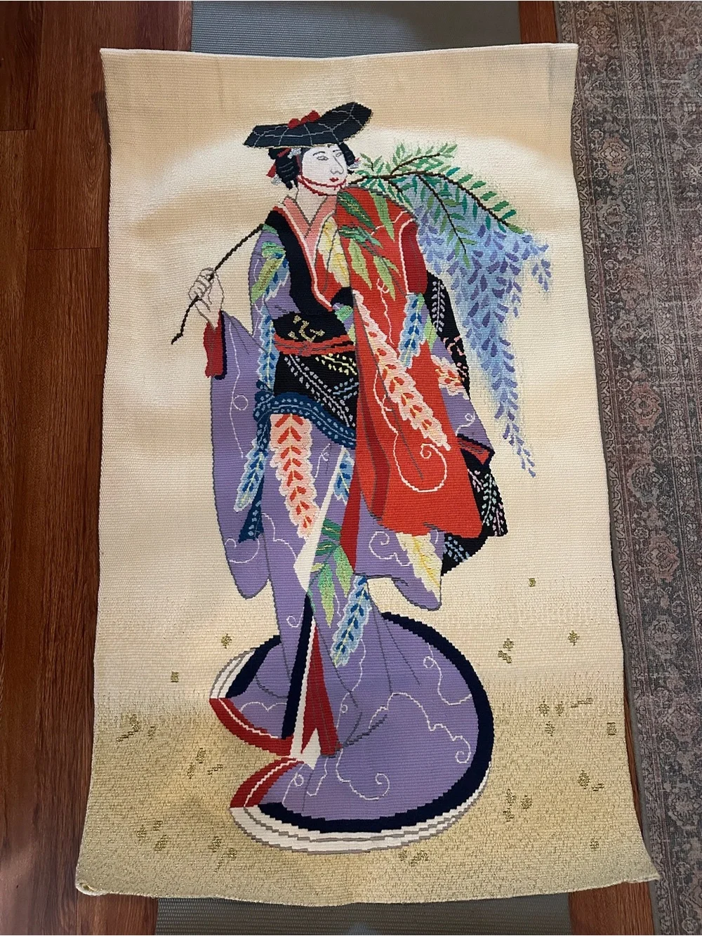 Vintage Style Geisha Wall Tapestry in Purple and Red